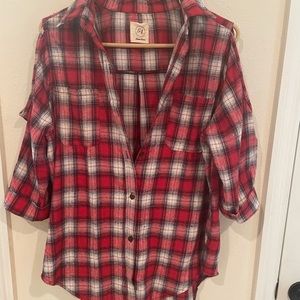 Red flannel cold shoulder shirt